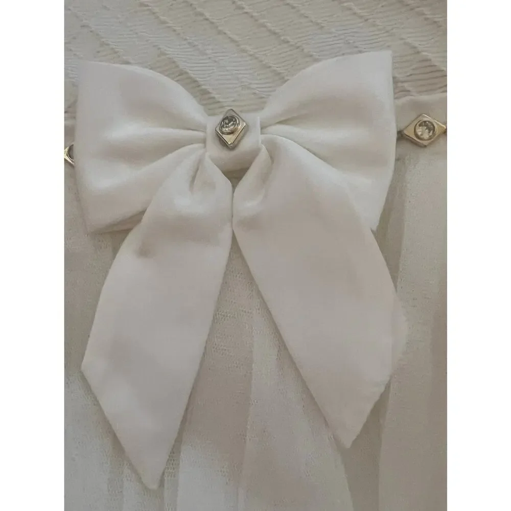 AMERICAN PRINCESS GIRLS IVORY GOLD TULE RHINESTONES BOW PARTY DRESS SIZE 6 - Picture 10 of 13